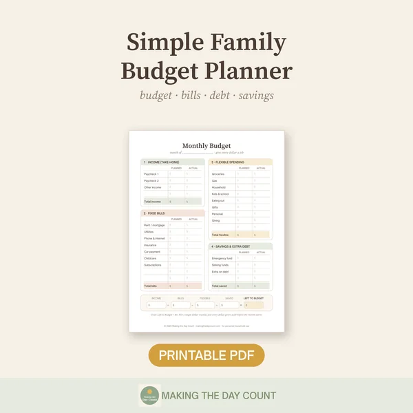 Simple Family Budget Planner printable with monthly budget, bill tracker, debt payoff and savings pages