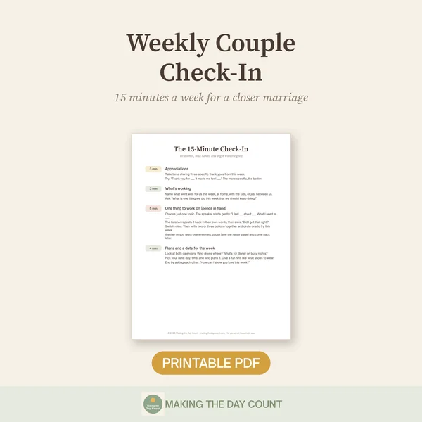 Weekly Couple Check-In printable with a timed 15-minute check-in script