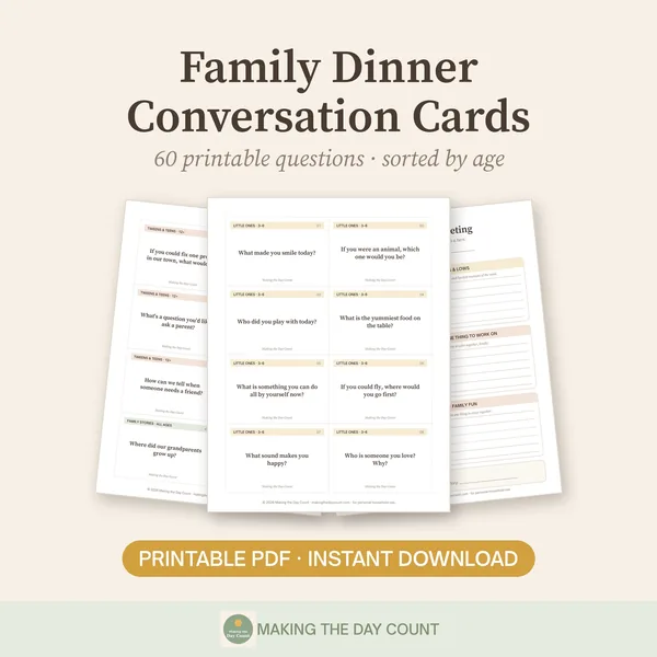 Family Dinner Conversation Cards printable with 60 questions sorted by age