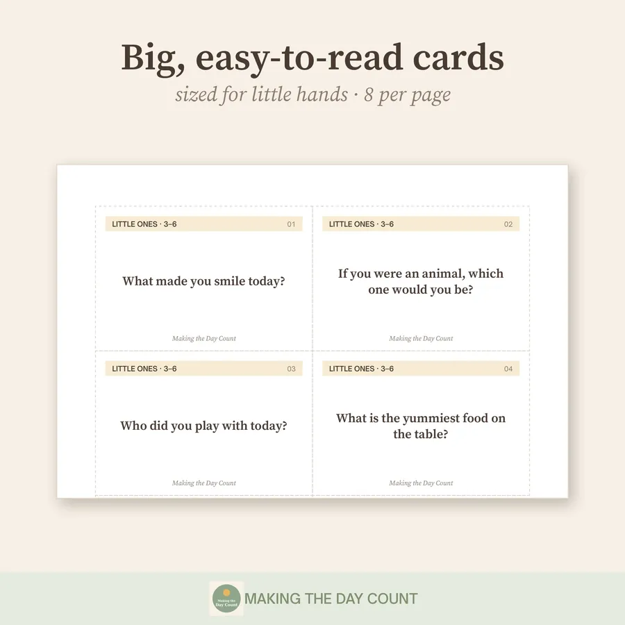 Printable family dinner conversation cards with questions like What made you smile today and If you were an animal, which one would you be