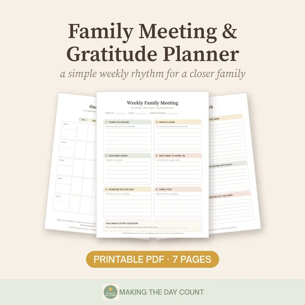 Family Meeting and Gratitude Planner printable with weekly agenda and gratitude chart