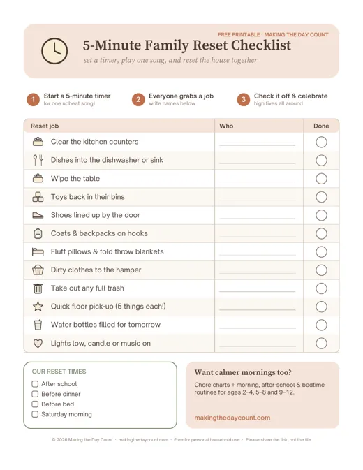 Free 5-Minute Family Reset Checklist printable preview