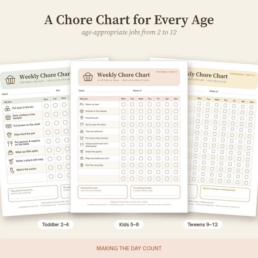 Weekly printable chore charts for toddlers, kids and tweens shown side by side