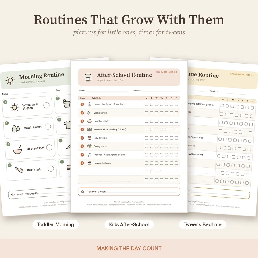 Sample morning, after-school and bedtime routine printable pages for toddlers, kids and tweens