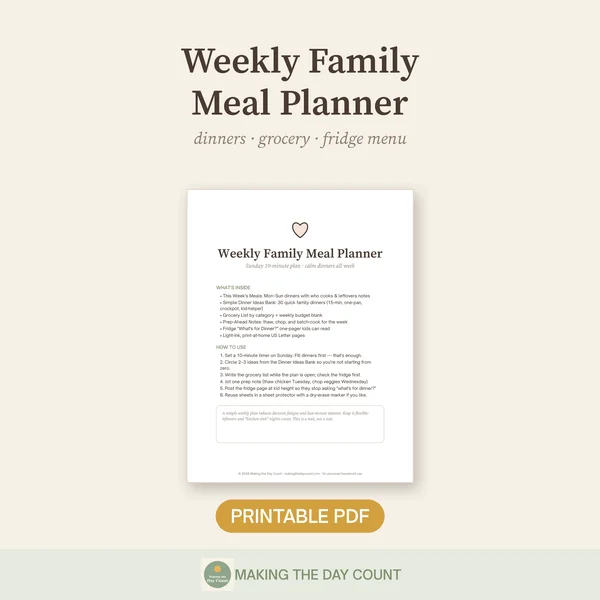 Weekly Family Meal Planner printable with dinner plan, grocery list and fridge what's for dinner page
