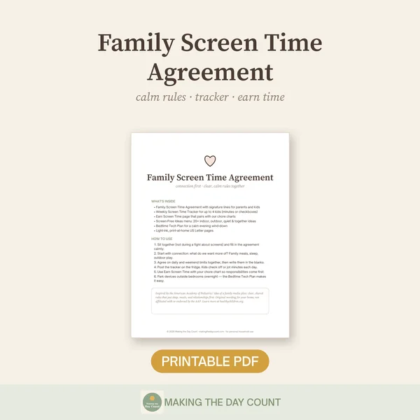 Family Screen Time Agreement and Tracker printable with house rules and weekly tracker