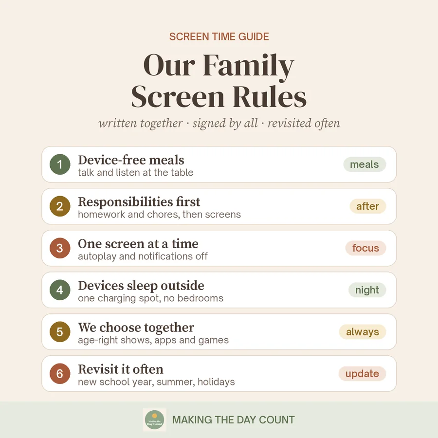 Our family screen rules: device-free meals, responsibilities first, one screen at a time, devices sleep outside bedrooms, we choose together, and revisit it often