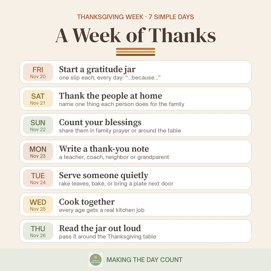 A Week of Thanks for Thanksgiving week: Friday start a gratitude jar, Saturday thank the people at home, Sunday count your blessings, Monday write a thank-you note, Tuesday serve someone quietly, Wednesday cook together, Thursday read the jar out loud