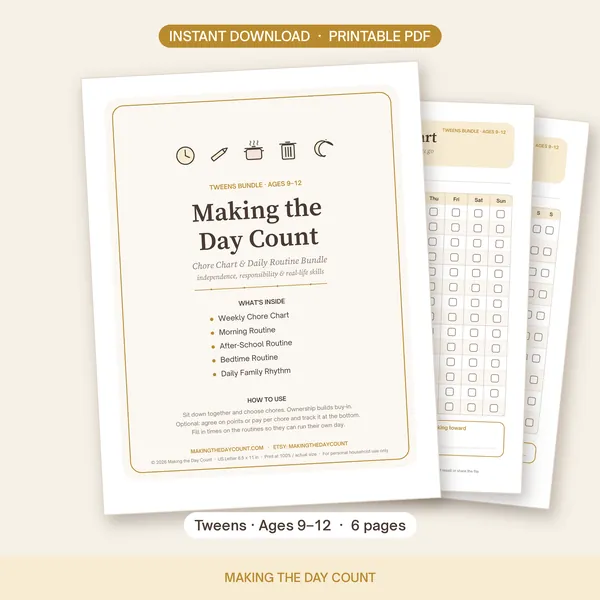 Tween chore chart and routine planner printable bundle cover for ages 9 to 12